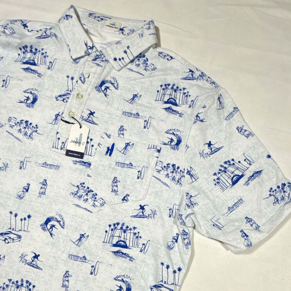 johnnie-O Hangin' Out Men’s Polo Shirt L Blue/White Graphic Surf Short Sleeve